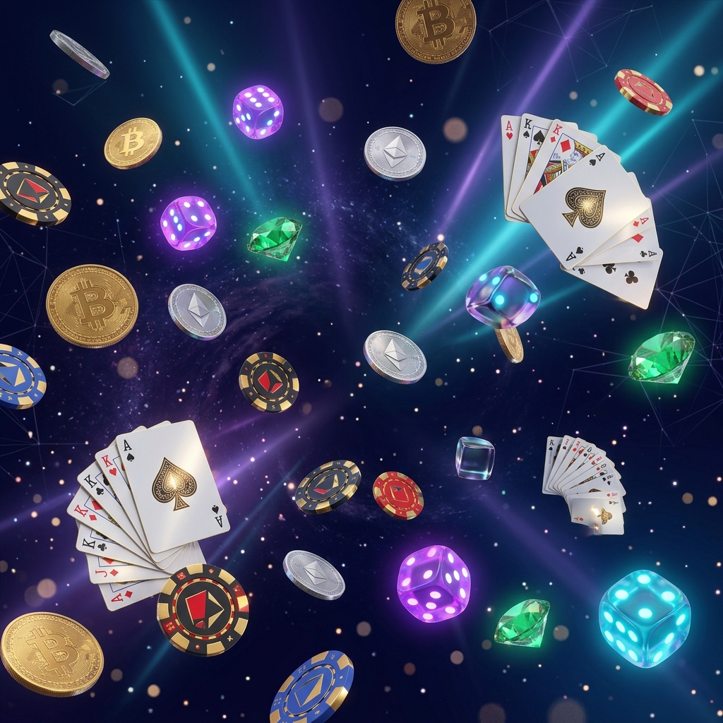 RollNest crypto casino with floating Bitcoin, Litecoin, Dogecoin coins and casino chips